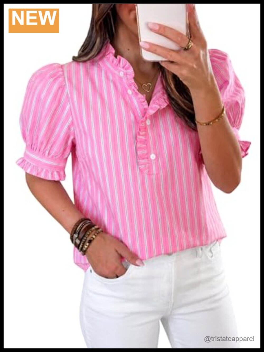 Cicy Bell Ruffle Collar Puff Sleeve V-Neck Button Down Blouse